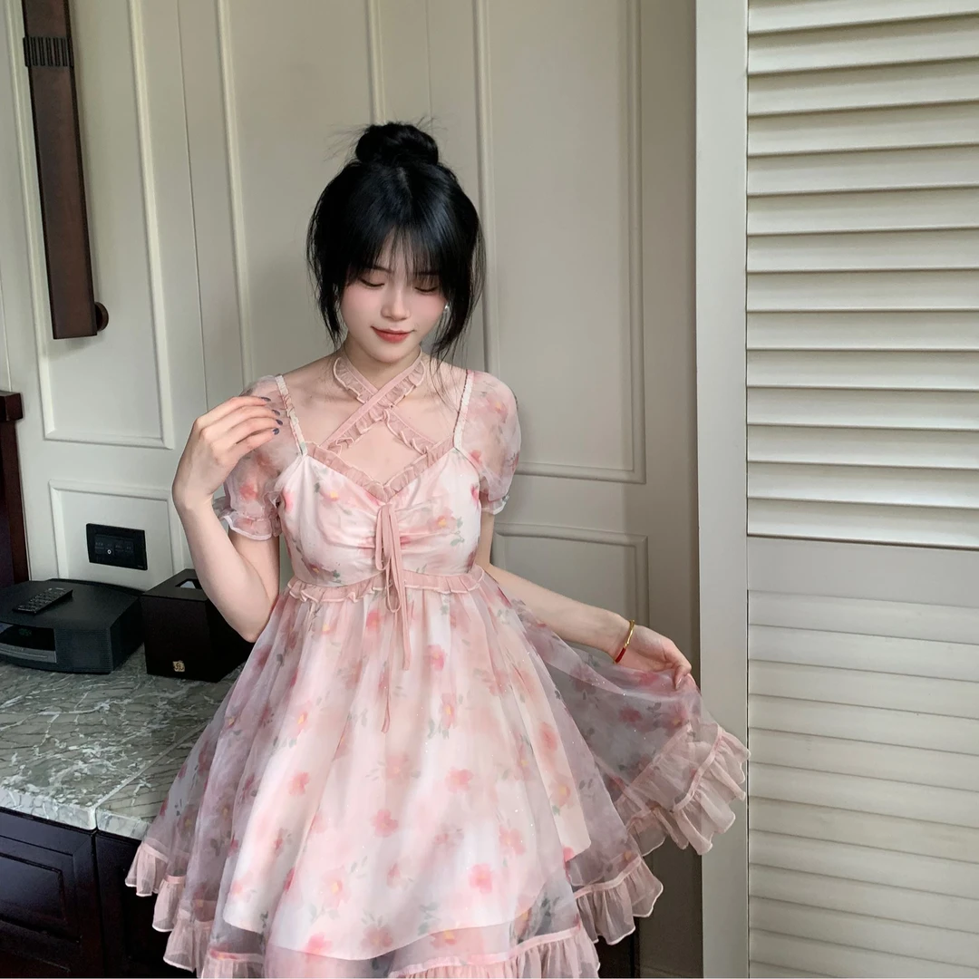 Blovelan晴霜信风 甜美雪纺碎花交叉系带收腰A字裙摆连衣裙夏