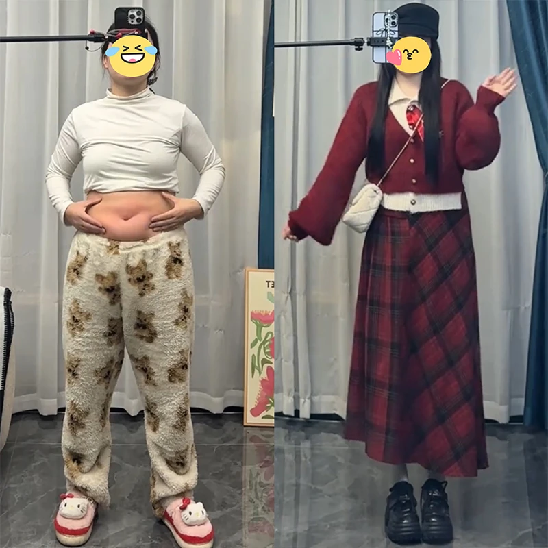 大码胖mm美拉德风显瘦学院Polo领针织毛衣+温柔格纹百搭半裙