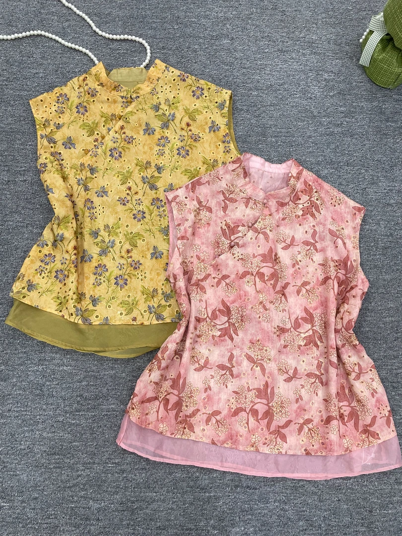 【钰姐精选】芊693-1-蕾丝镂空上衣落袖常规宽松型碎花中式