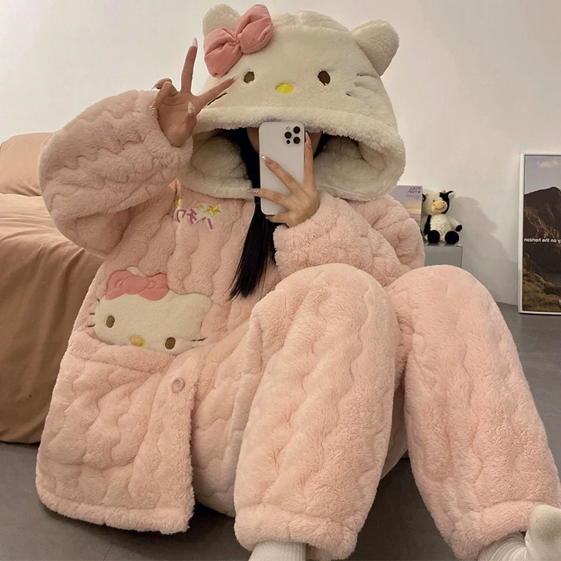 甜美可爱风三层夹棉儿童睡衣女冬季加绒加厚女童保暖珊瑚绒家居服