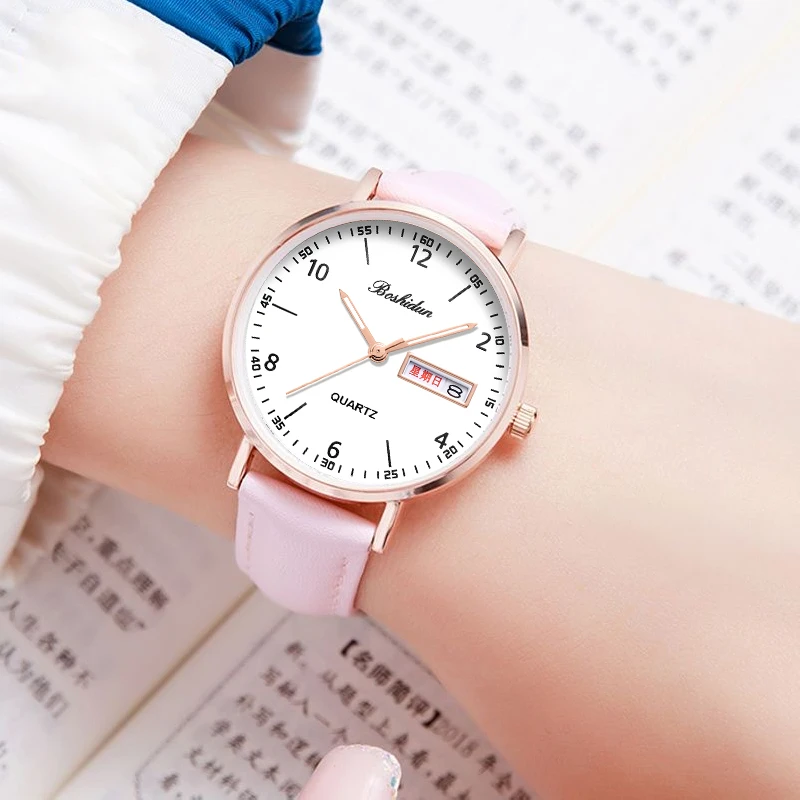 时尚休闲圆盘简约双日历夜光静音防水皮带女士腕表8119专属