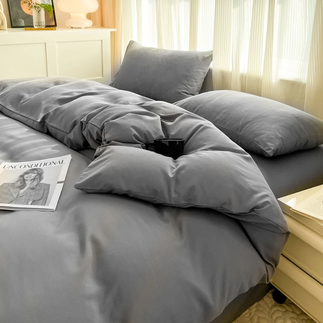 现货速发纯色磨毛四件套ins风简约被套水洗被罩宿舍床上用品3秋冬