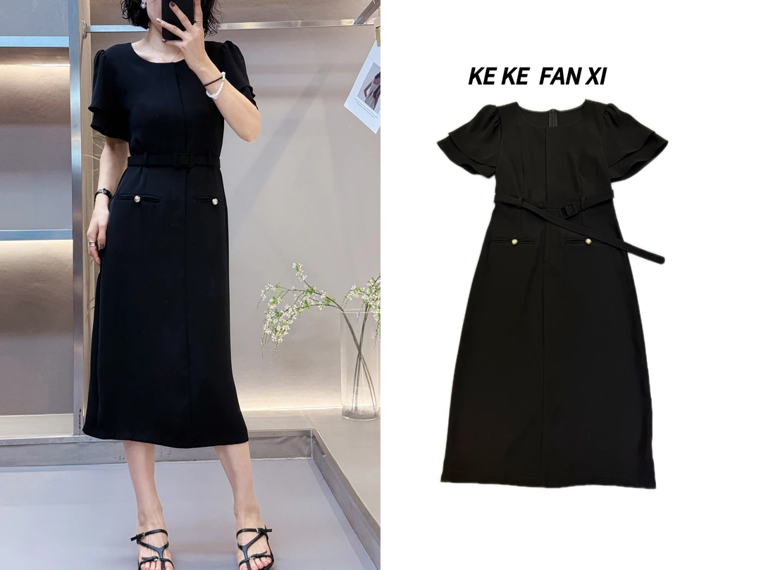 468腰带黑色连衣裙显瘦气质洋气时尚中长款夏季