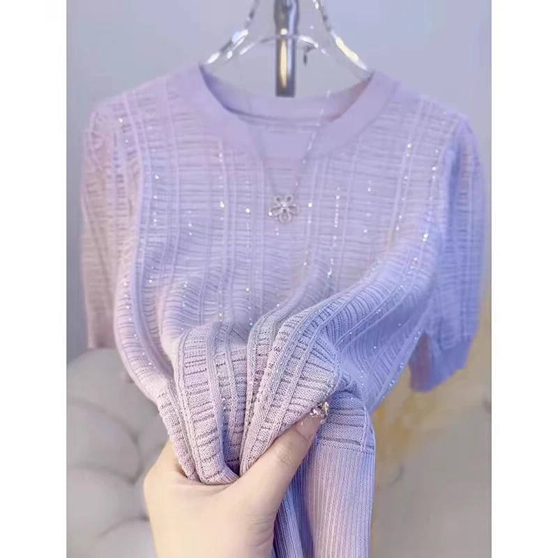 【现货闪发】烫钻镂空紫色针织衫夏季冰丝短袖薄款显瘦t恤圆领上衣
