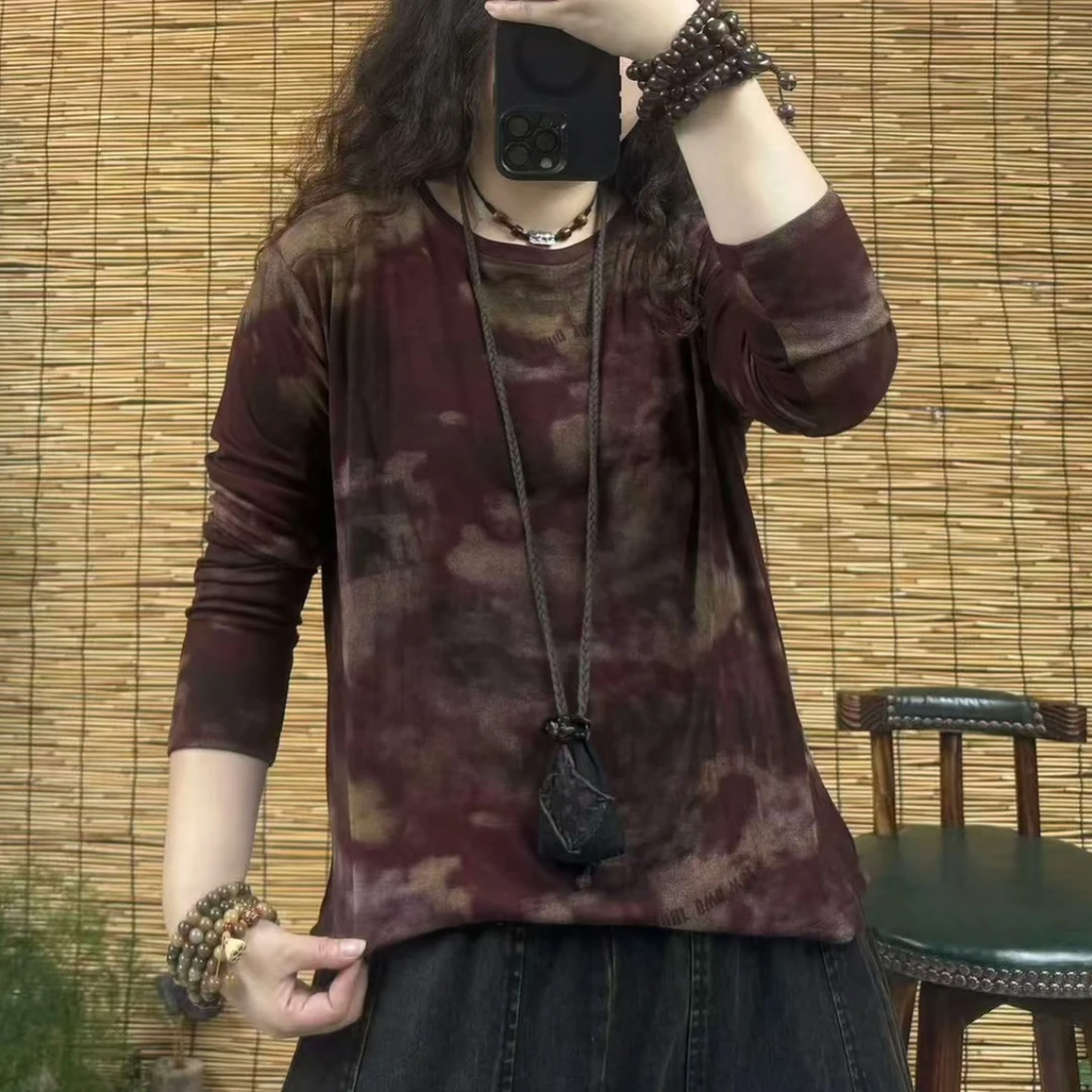 扎染长袖老钱风圆领女涂鸦风T恤做旧打底衫印花休闲