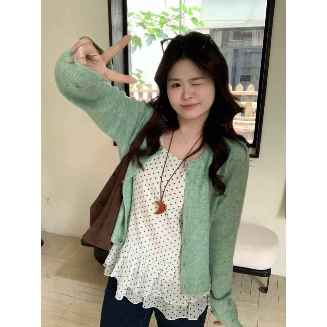 【漫舞光点】大头婷丫丫微胖甜美波点背心内搭搭毛衣开衫套装 L8101