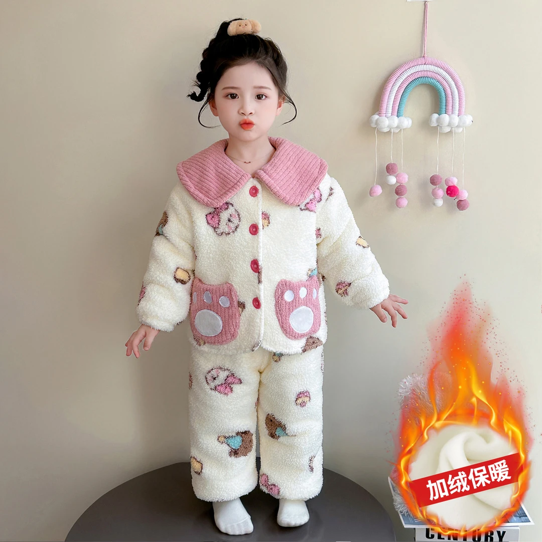 女童三层夹棉冬季睡衣2025新款女宝宝冬天加厚保暖儿童冬装家居服