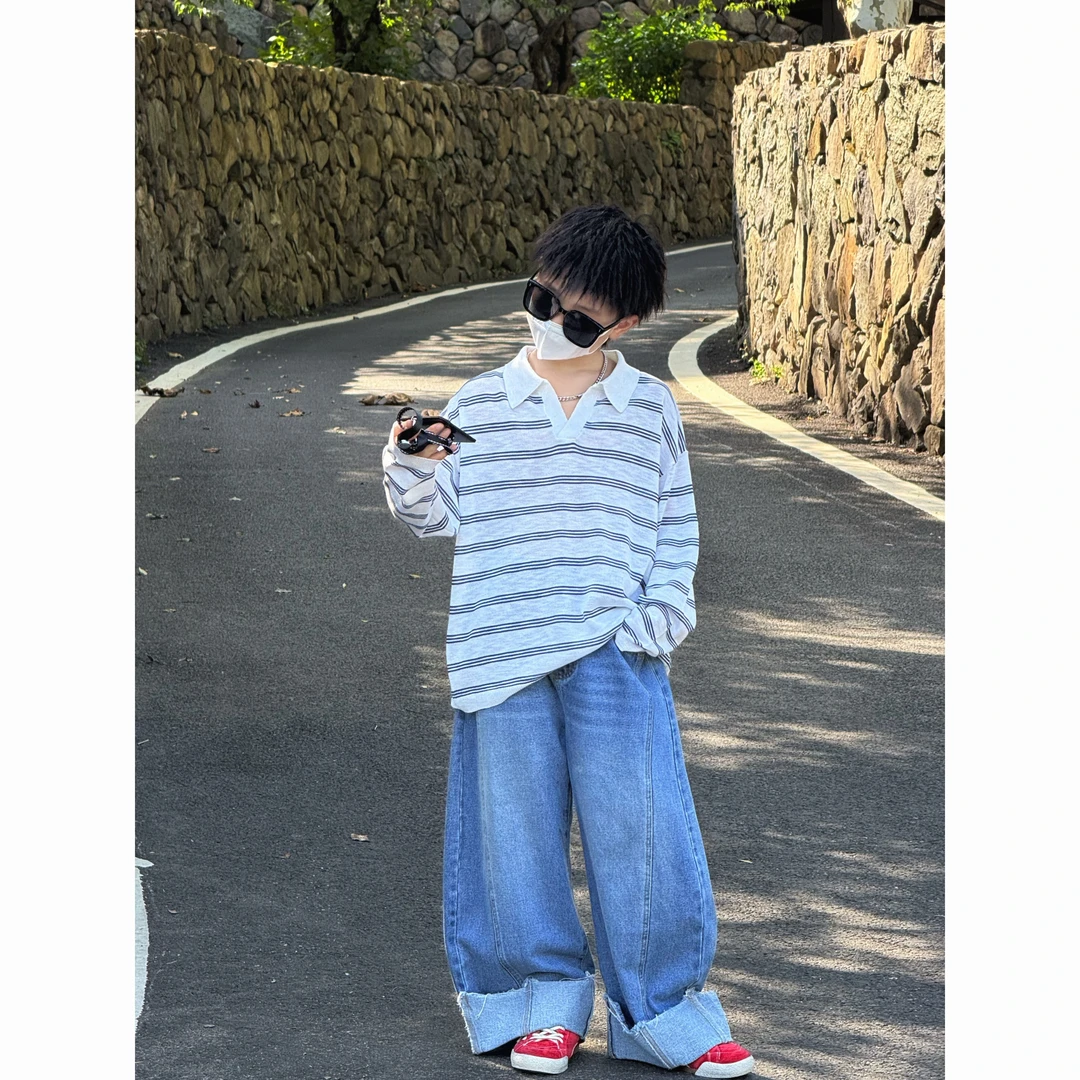 现货THE LUHAN【环海日志】秋季撞色条纹亲子装大童慵懒风毛衣25642
