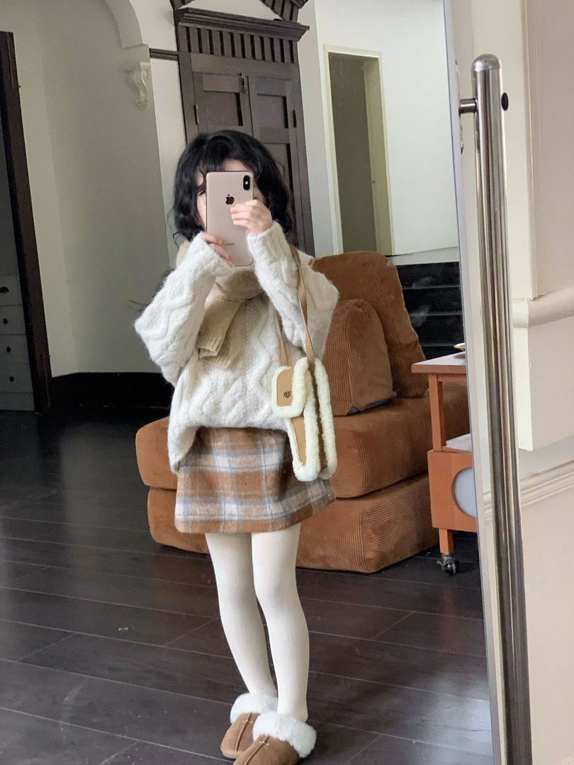 大橙子Studio女童2025秋冬新款韩版钩花毛衣慵懒感毛呢半裙冬套装
