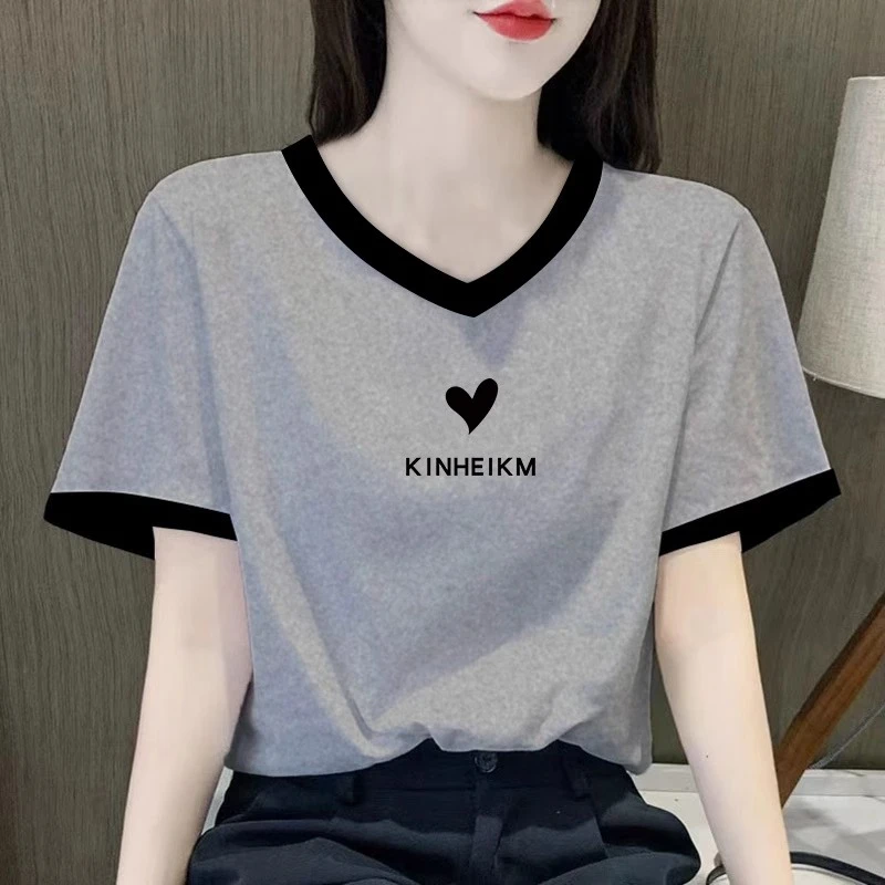 欧货正肩短袖T恤女纯棉百搭宽松体恤半袖打底衫撞色洋气V领上衣夏
