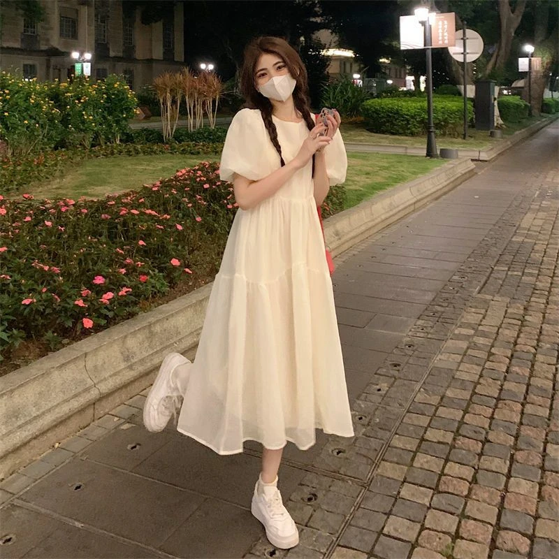 温柔风短袖夏季藤原海白色裙子宽松连衣裙时尚气质绝美纯欲中长裙