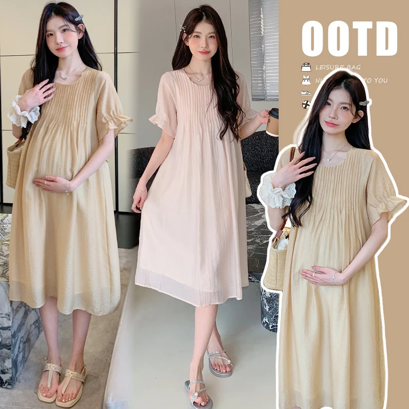 孕妇装2025夏季新款宽松显瘦连衣裙时髦褶皱气质款舒适中长休闲裙