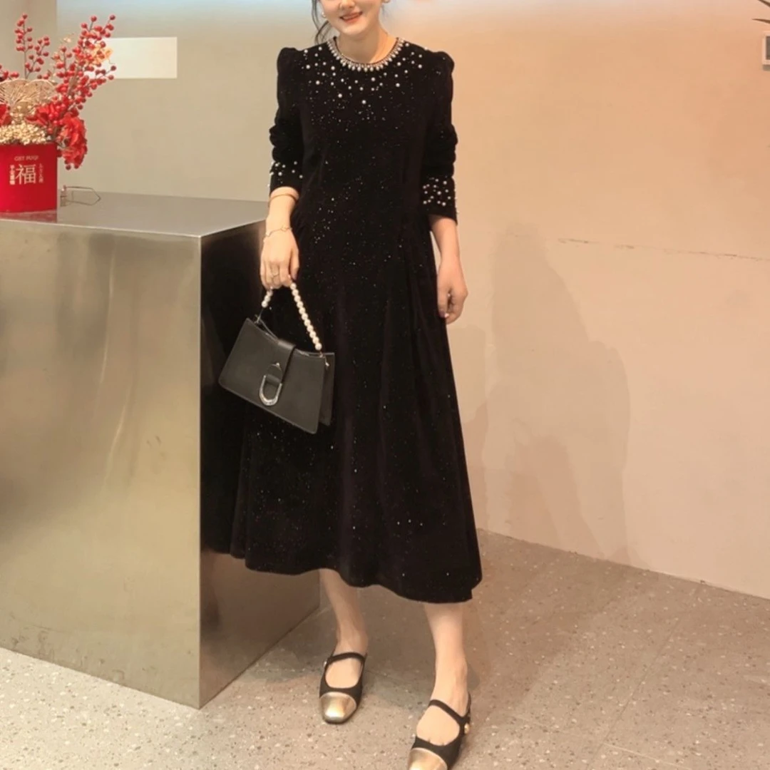 807【璀璨星空】高定名媛风法式千金显瘦钉珠质感设计款连衣裙