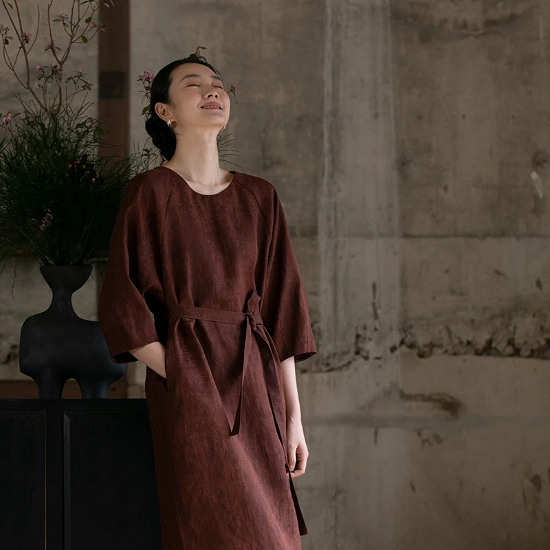 牧衣游原创 凤尾花四经罗香云纱连衣裙新款古典东方真丝长裙 辞兰