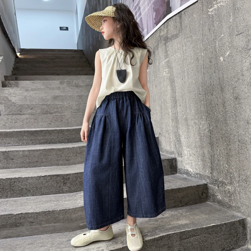 女童夏装套装2025新款爆款洋气中大童时髦阔腿牛仔裙裤休闲两件套