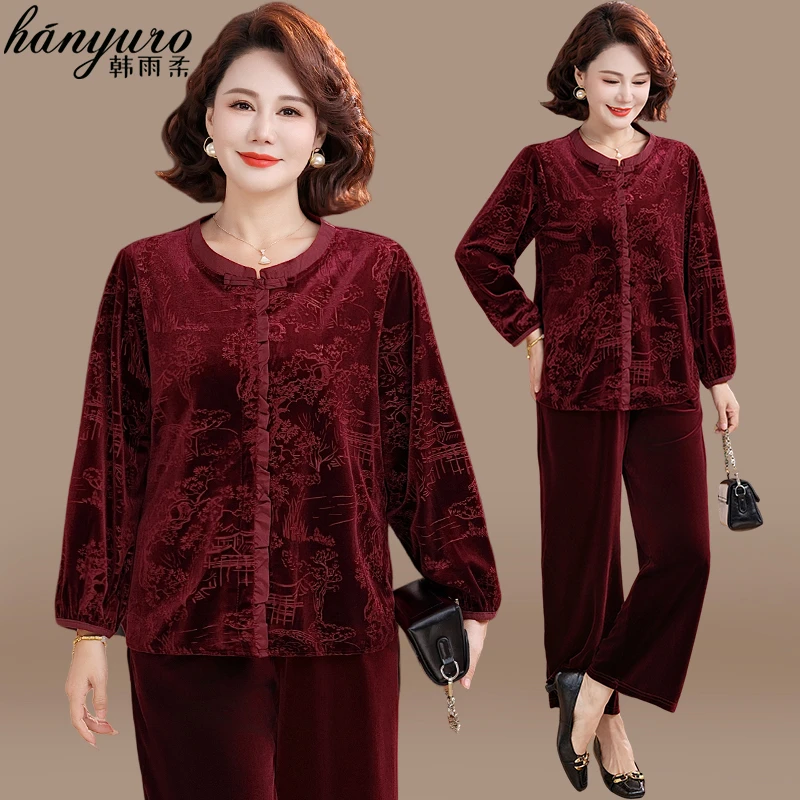 新中式妈妈秋装金丝绒套装2025新款中老年人春秋加大码长袖上衣女