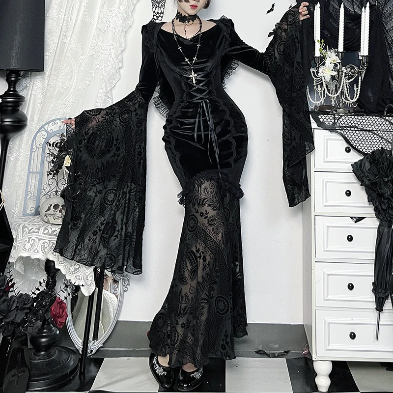 斗篷连衣裙 亚文化秋季新款哥特风cos万圣节喇叭袖包臀长