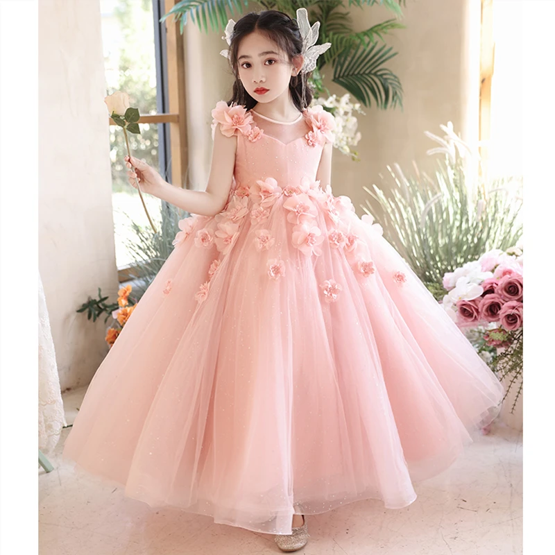 女童生日晚礼服公主裙粉色儿童主持人花童婚礼大童钢琴演出服花朵
