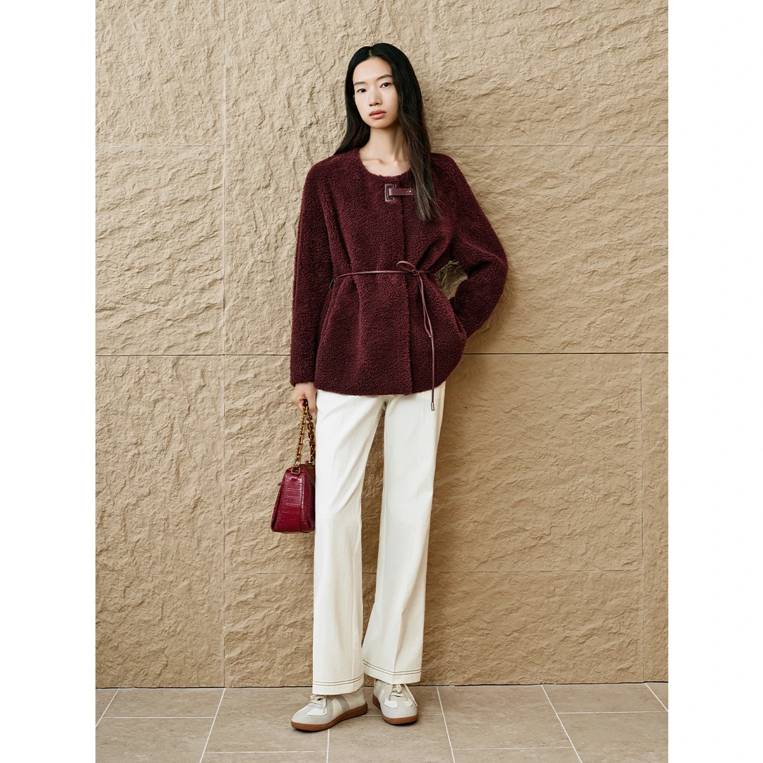 【拉贡皮草】INSUN恩裳冬琥珀流光酒红皮毛一体拉贡皮草9C65509830