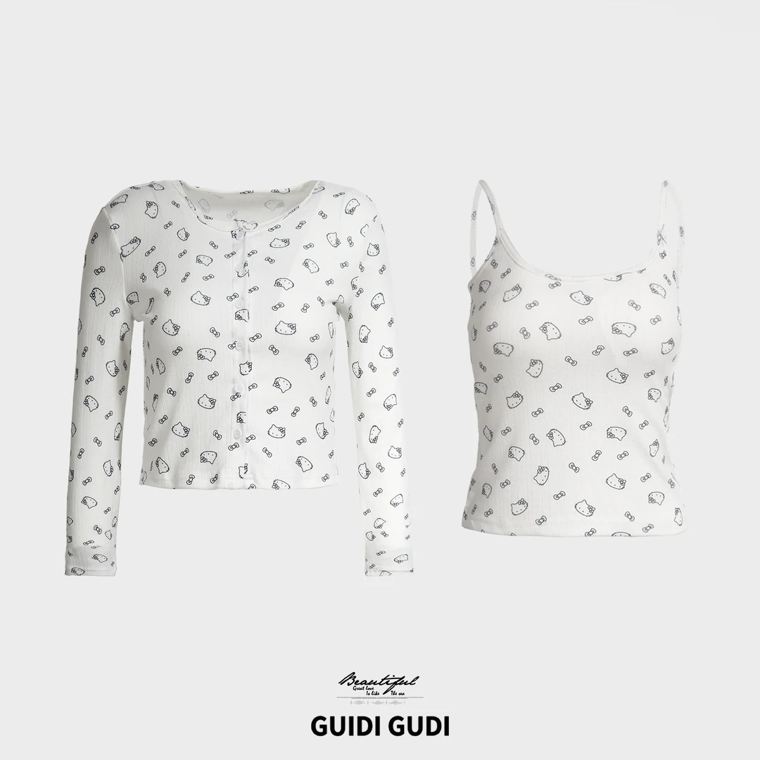 GUIDI GUDI【喵语轻颂】休闲喵印花外套背心套装/黄加蓝