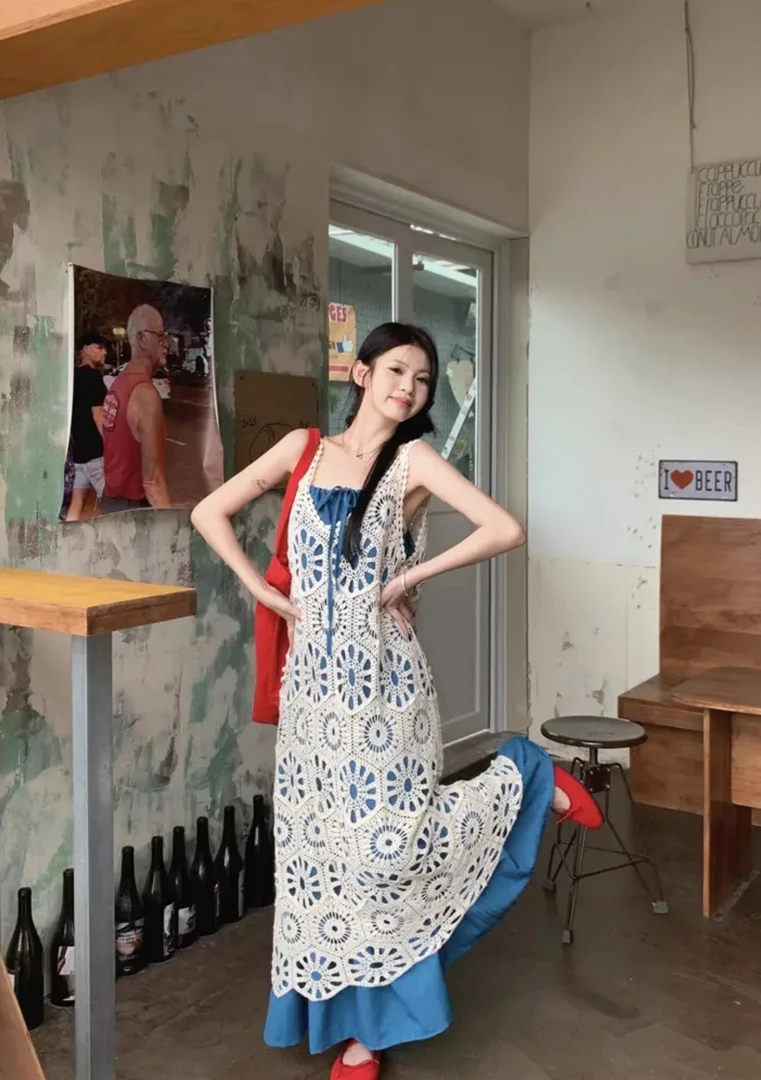 度假风夏季波西米亚吊带镂空温柔显瘦遮肉氛围长裙