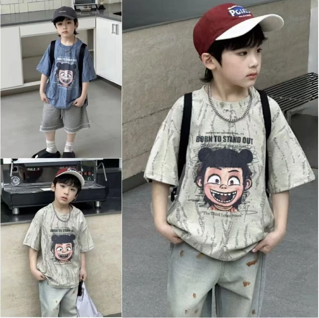 新款2025哪吒夏季男童短袖T恤中大童个性时尚男孩半袖潮流帅气酷