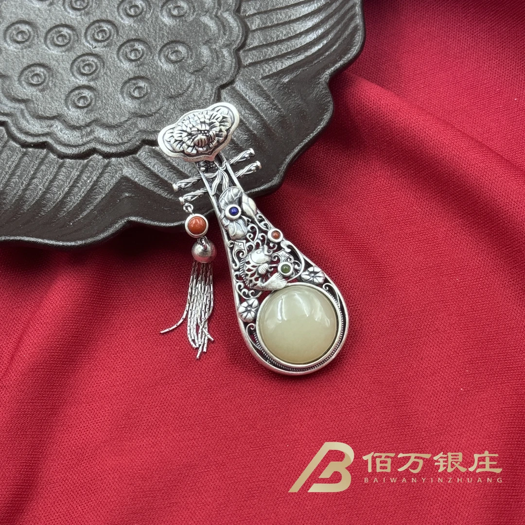 【佰万银庄】银925敦煌琵琶 天然和田玉镶嵌琵琶流苏吊坠国风民族风