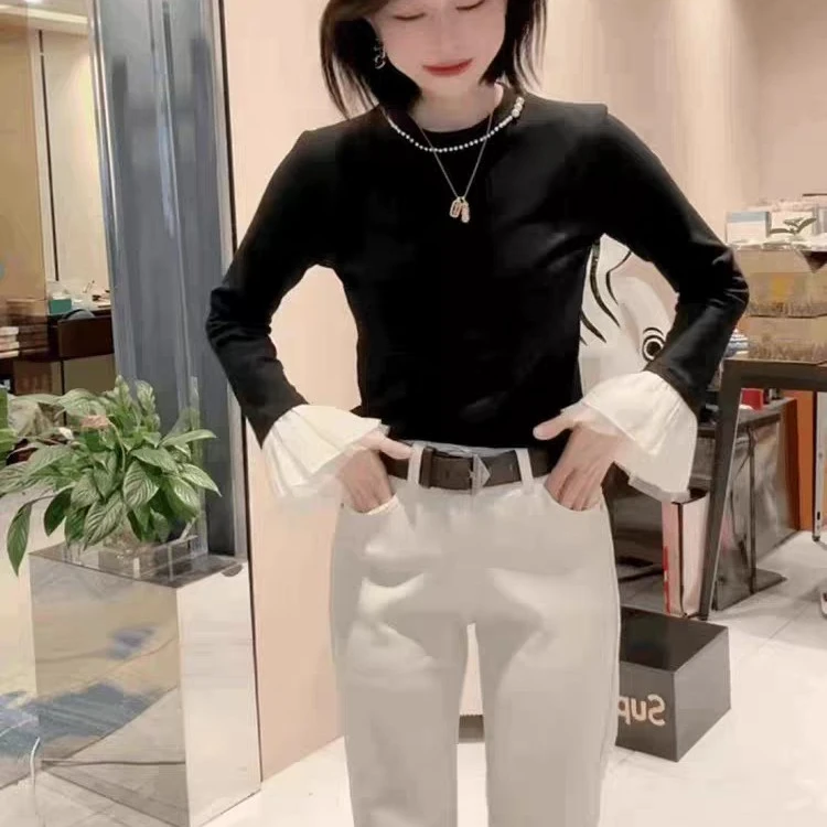 大码丝绒打底上衣黑色法式T恤洋气女圆领小衫香风高级喇叭袖T恤