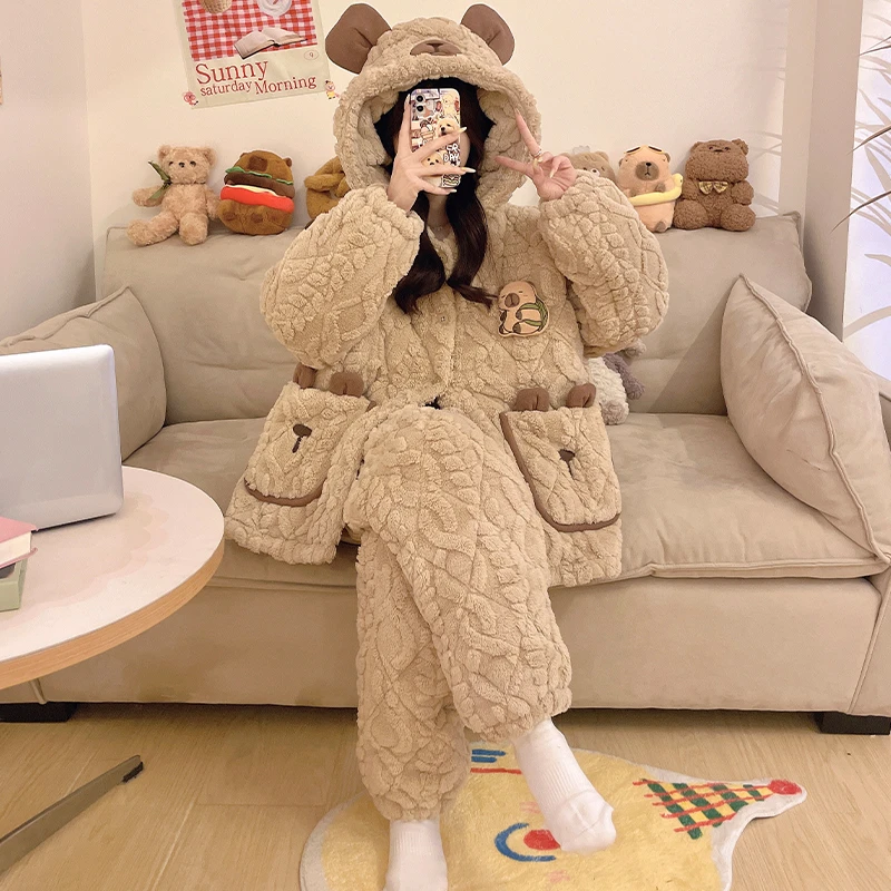 三层夹棉睡衣女冬季加绒加厚珊瑚绒大码女冬款保暖卡通家居服套装
