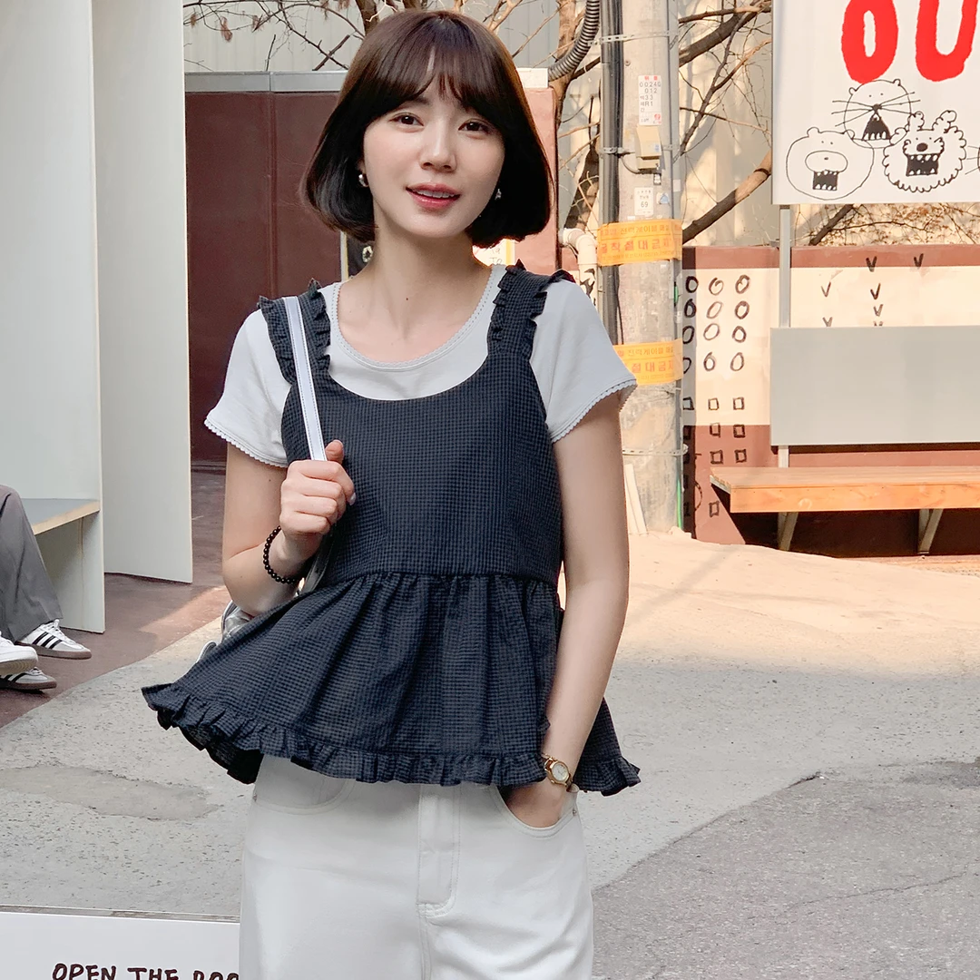 法儿家韩国限定【新品】【蓝调小岛】FS501S006后背系带格纹吊带