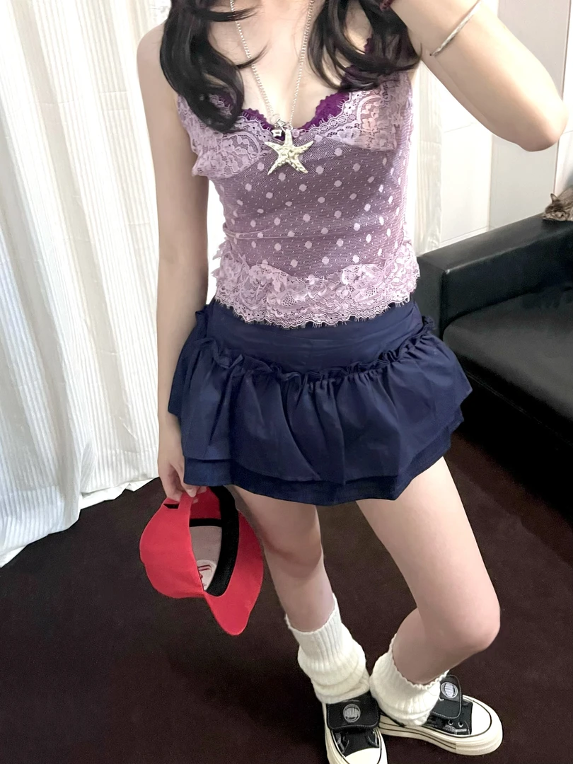 法式纯欲蕾丝边重工上衣时尚套装韩版修身显瘦吊带甜美清新辣妹