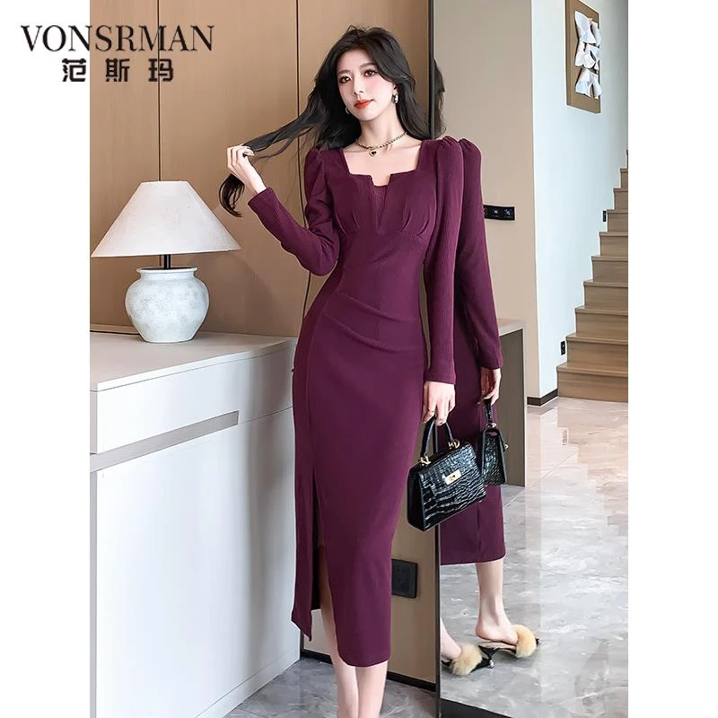 设计感法式轻熟褶皱包臀中长裙2025秋冬季新款收腰显瘦方领连衣裙