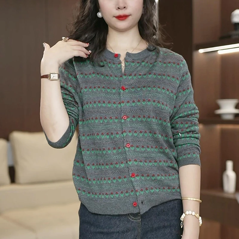 网红洋气炸街女装秋季新款小众复古圆领提花长袖针织衫外套上衣潮