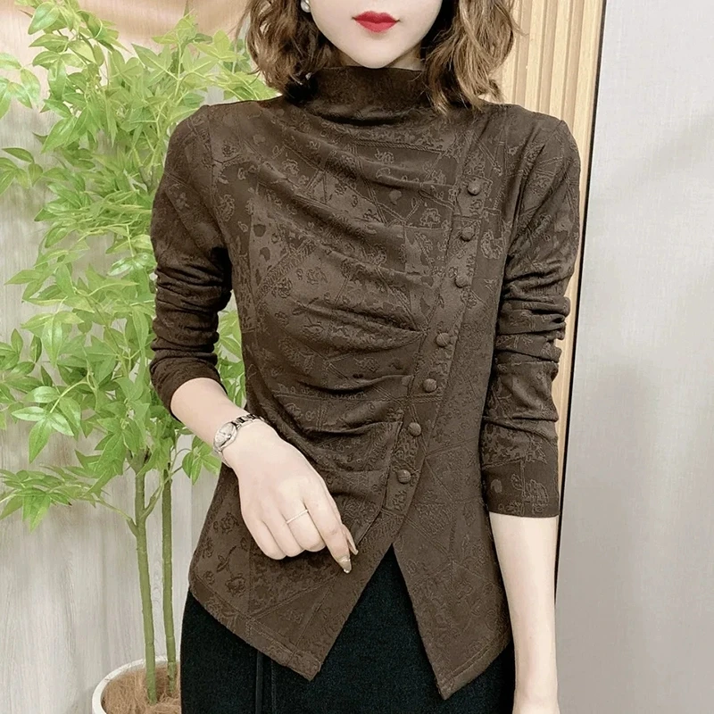 G7281秋冬季新款印花小衫下摆开叉优雅修身显瘦高档长袖洋气上衣