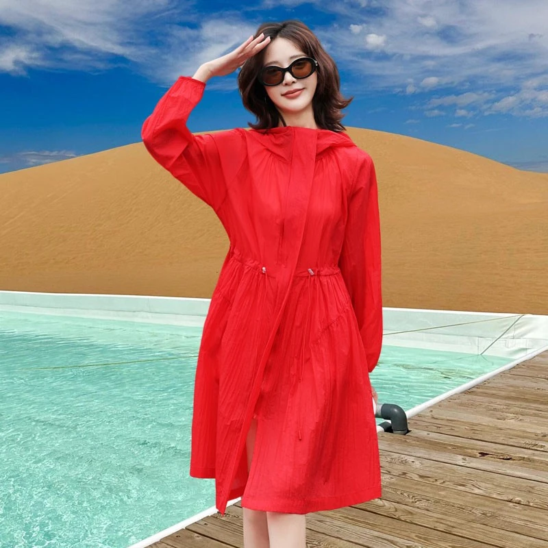 萱伊娜红色防晒衣女中长款2025新款轻薄透气收腰修身防晒服罩衫