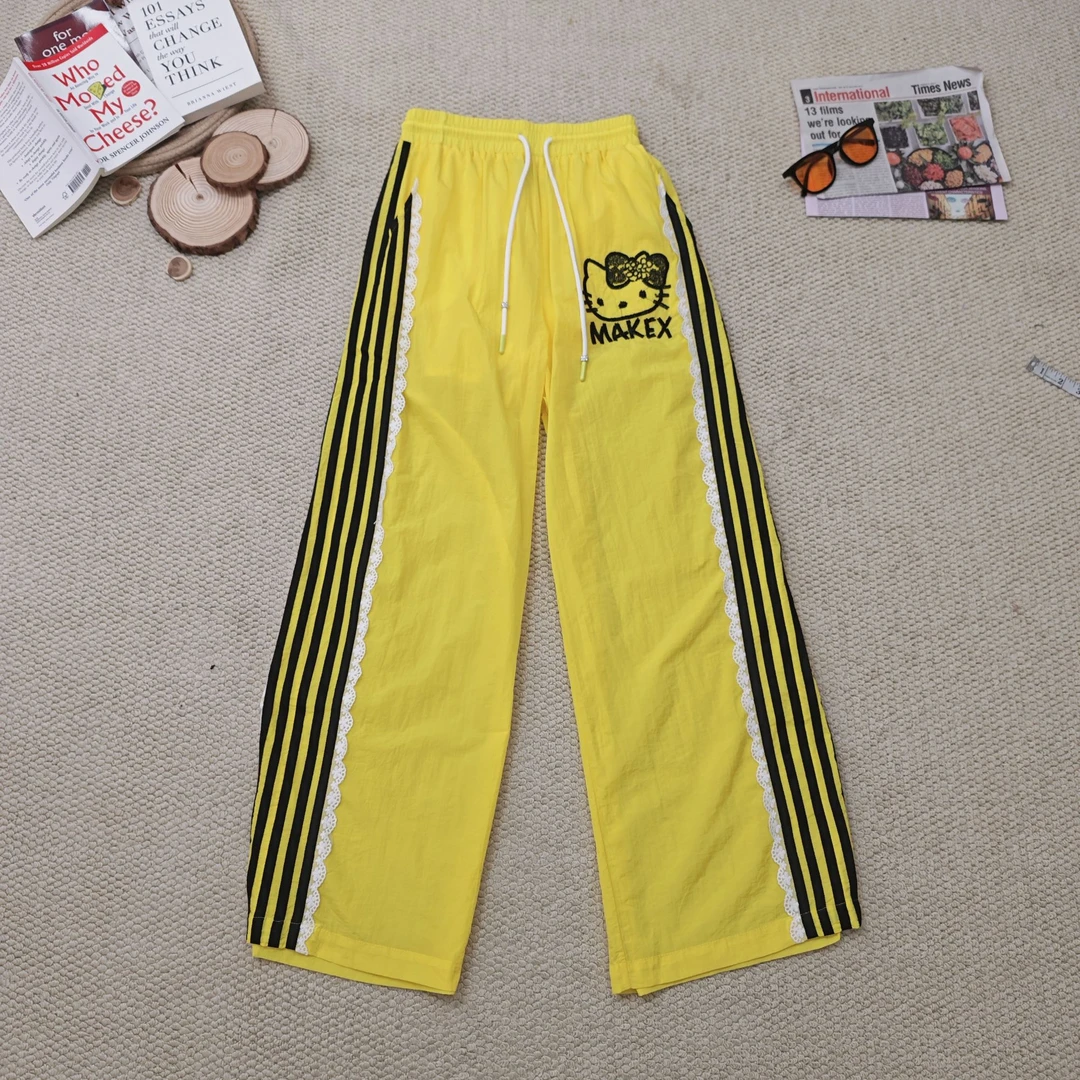 2025夏季新款纯色卡通刺绣蕾丝条纹阔腿裤速干休闲裤2017