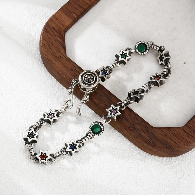 925银手链 SL083六角星彩锆手链 男女同款手链