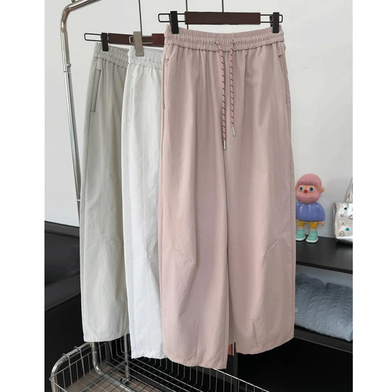 夏季粉色出行百搭休闲裤九分裤女新款松紧高腰阔腿裤宽松灯泡裤