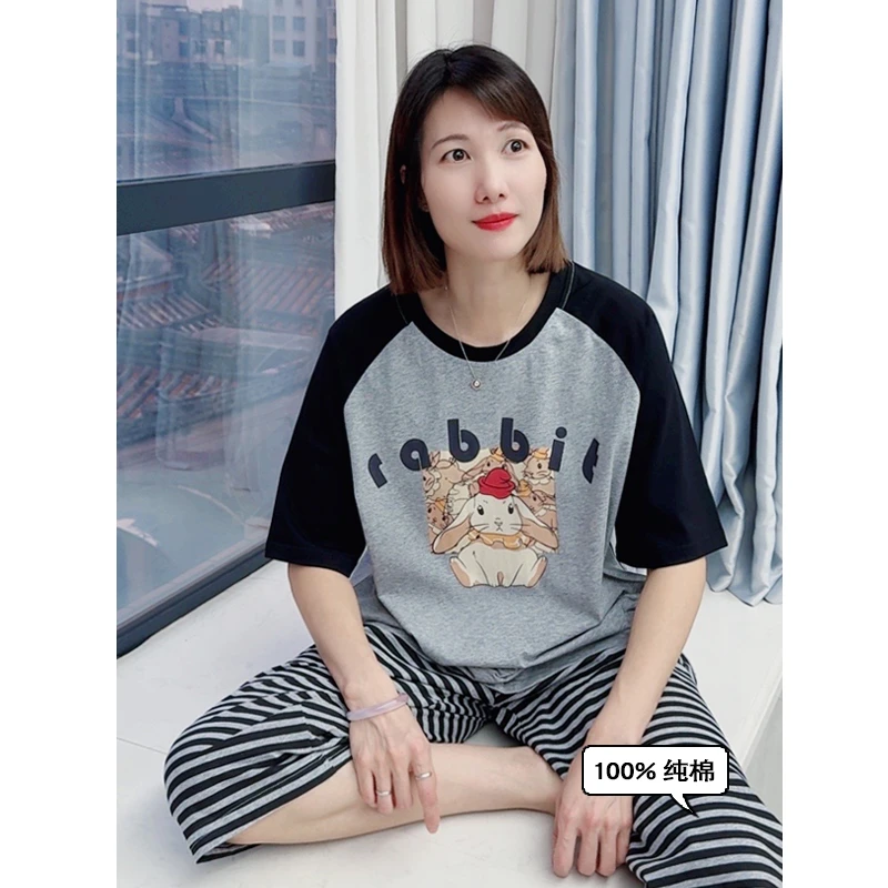 夏季女睡衣大码短袖7分裤薄款套装卡通宽松运动休闲纯棉家居服夏