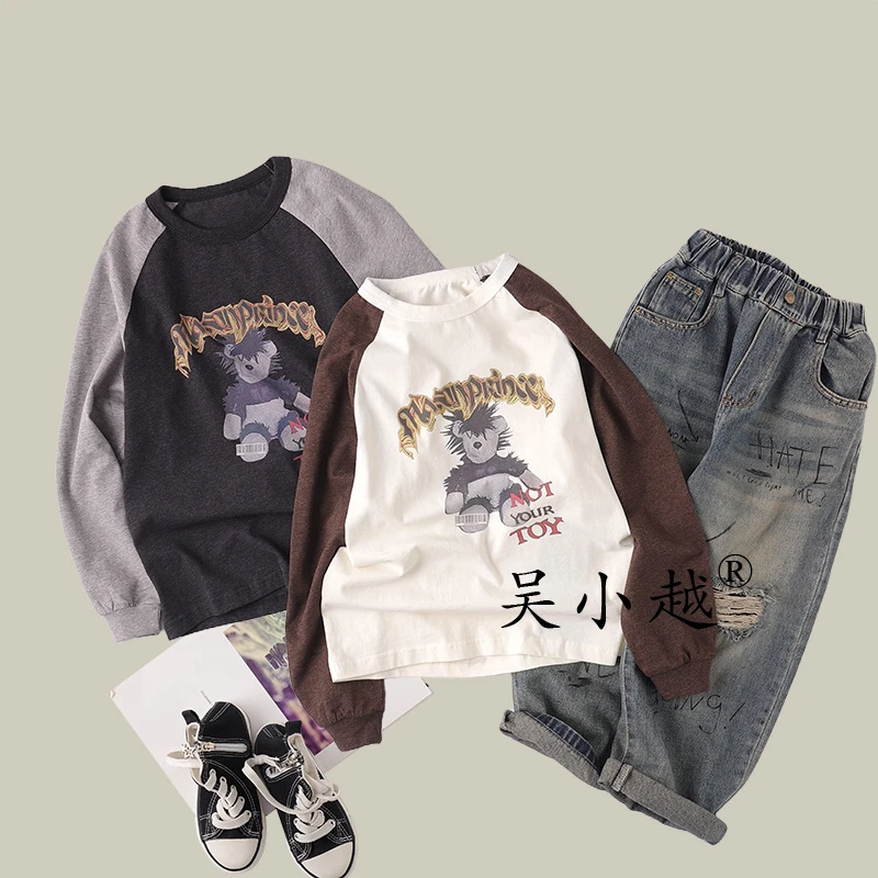 吴小越w1560男童秋款圆领插肩长袖宽松无感数码印花棉t恤中大童