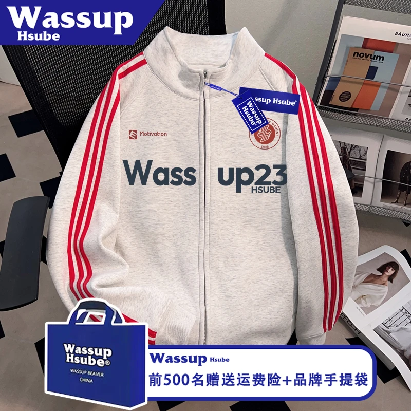 WASSUP HSUBE潮牌字母印花拉链卫衣男女三条杠外套街头风秋季开衫