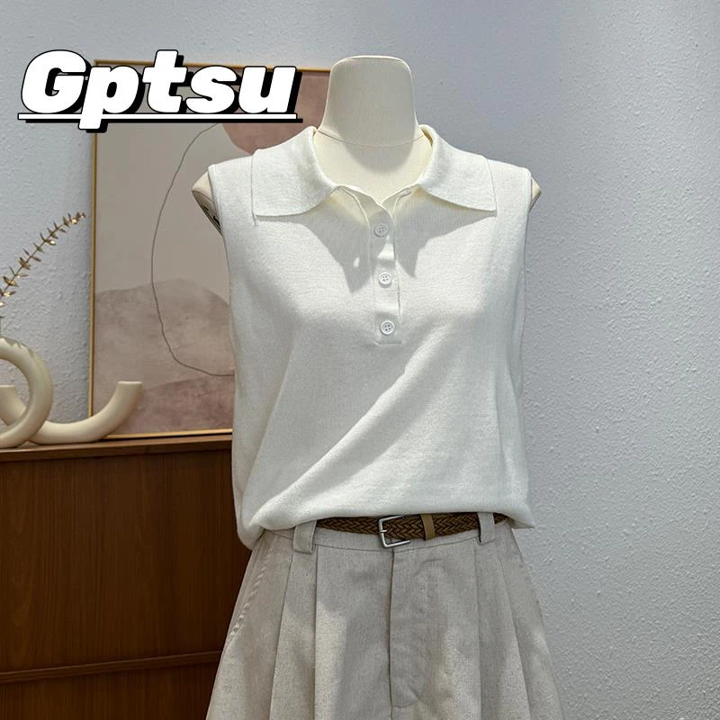 GPTSu白色针织马甲女2025年夏季小众洋气百搭Polo衫无袖坎肩上衣