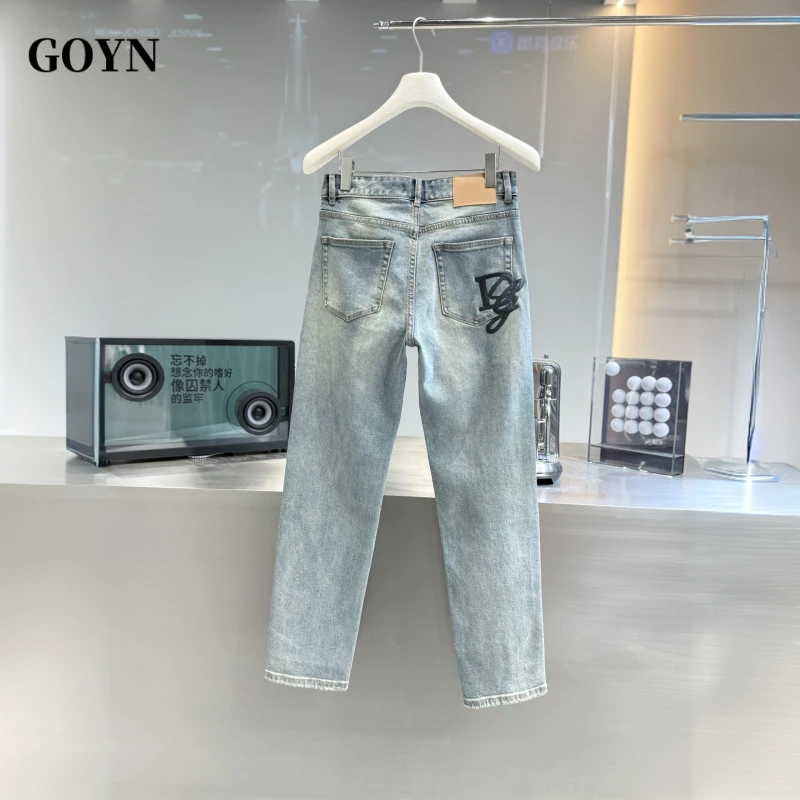 GOYN美式潮牌男装夏季新款纯色牛仔裤男士字母刺绣百搭休闲直筒裤