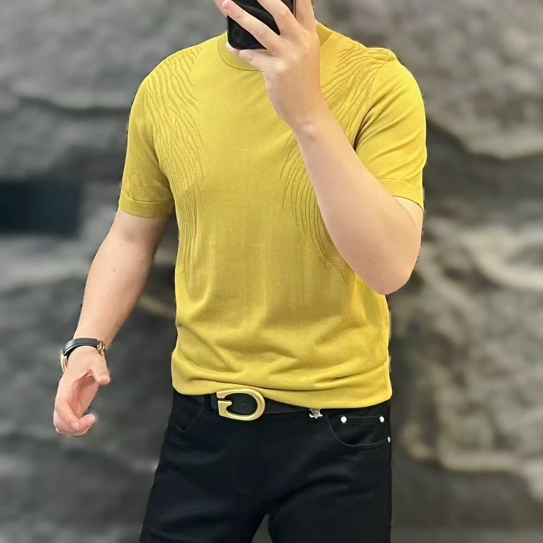 新款高端男士潮流百搭个性线条休闲针织短袖T恤60058