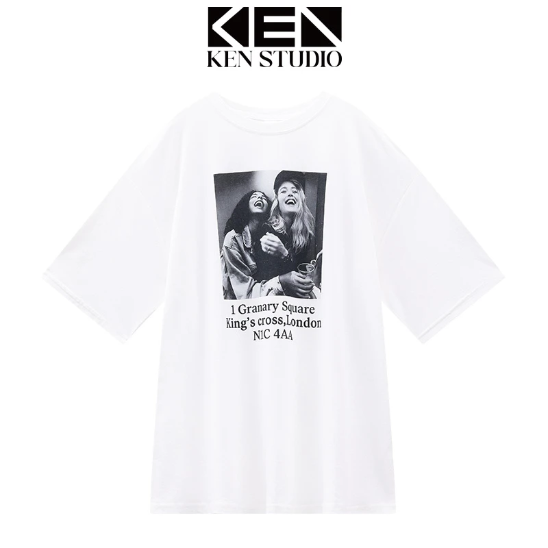 KEN STUDIO夏季新款人像字母印花短袖T恤女宽松显瘦显瘦百搭上衣