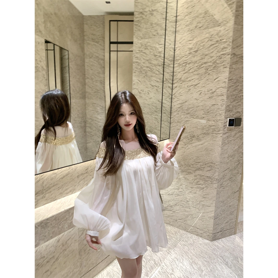 温柔网纱亮片拼接长袖连衣裙女气质高级设计感宽松显瘦温柔短裙子