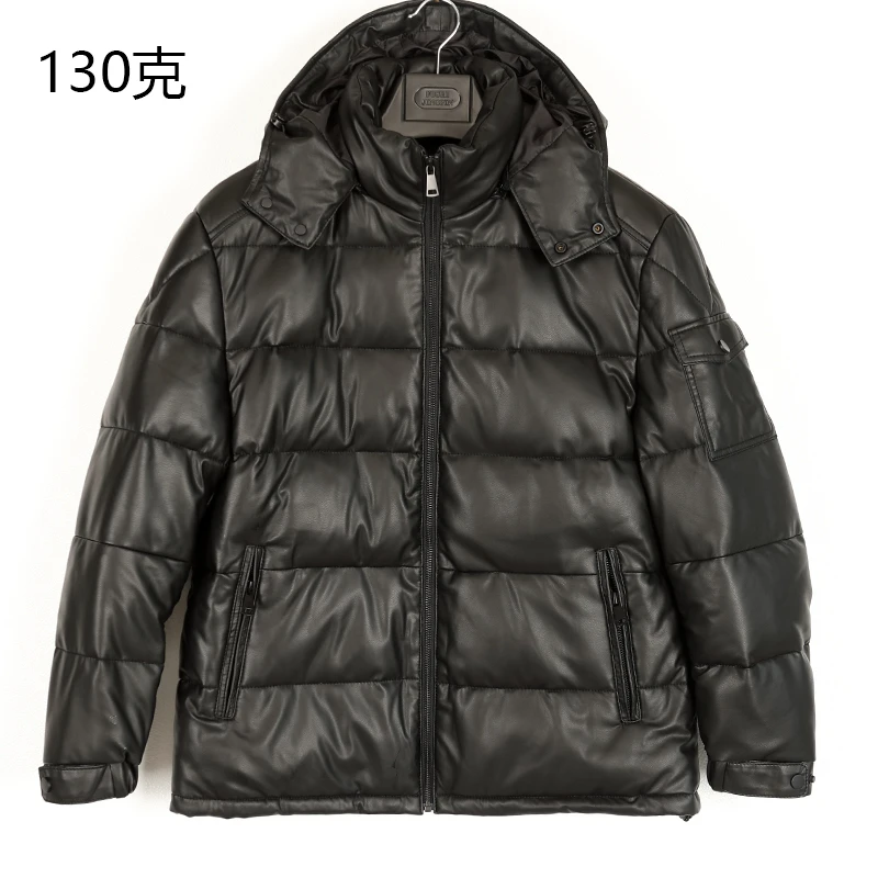 130克穿到零下5度男士白鹅绒绵羊皮连帽保暖黑色皮衣外套25306-3