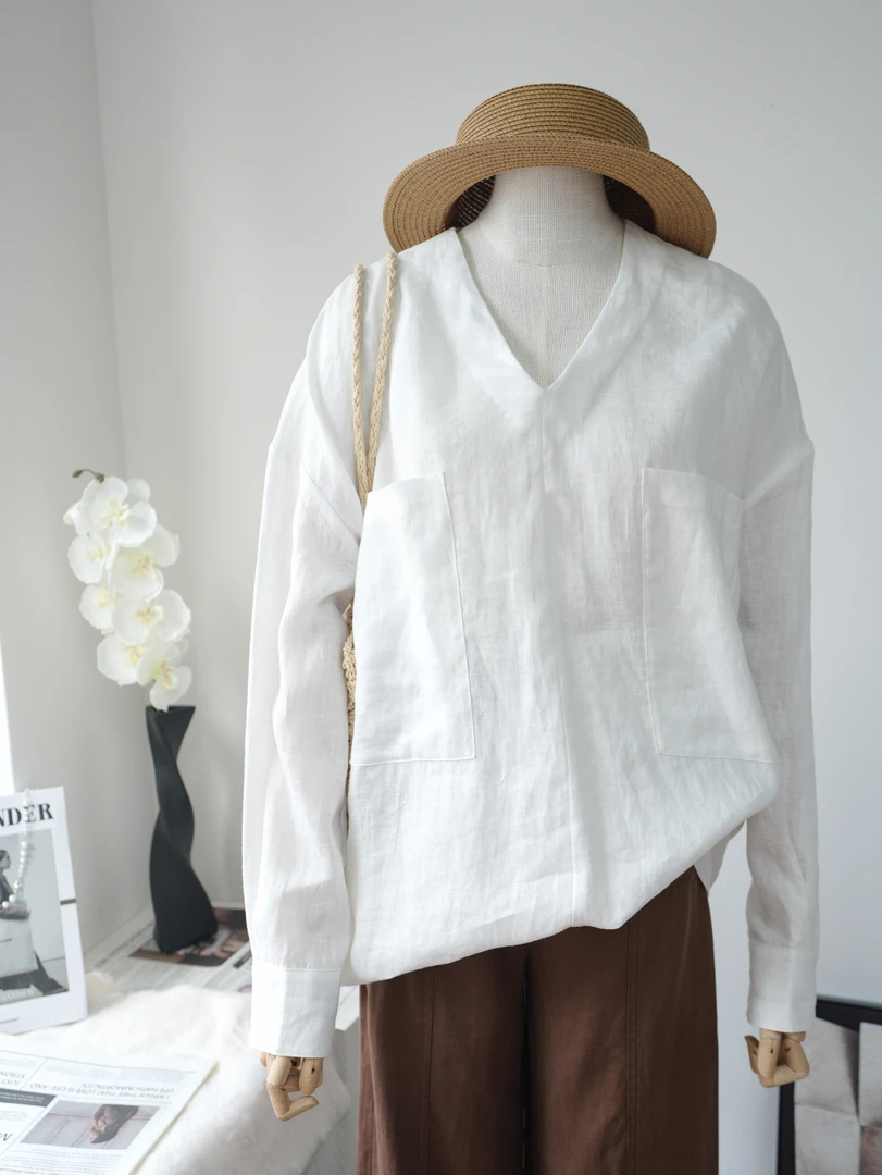 45%亚麻55%棉衬衫V领打底衫防晒衫棉麻休闲百搭老钱风上衣女B9201
