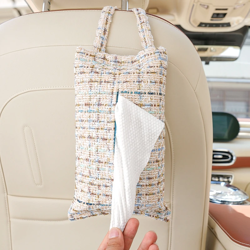 车载纸巾盒 金丝小香风车载挂式抽纸袋 创意多功能装饰汽车抽纸盒