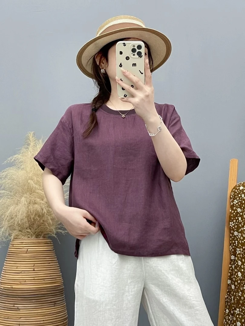 女士新款21支100%汉麻圆领短袖日常休闲百搭上衣短袖